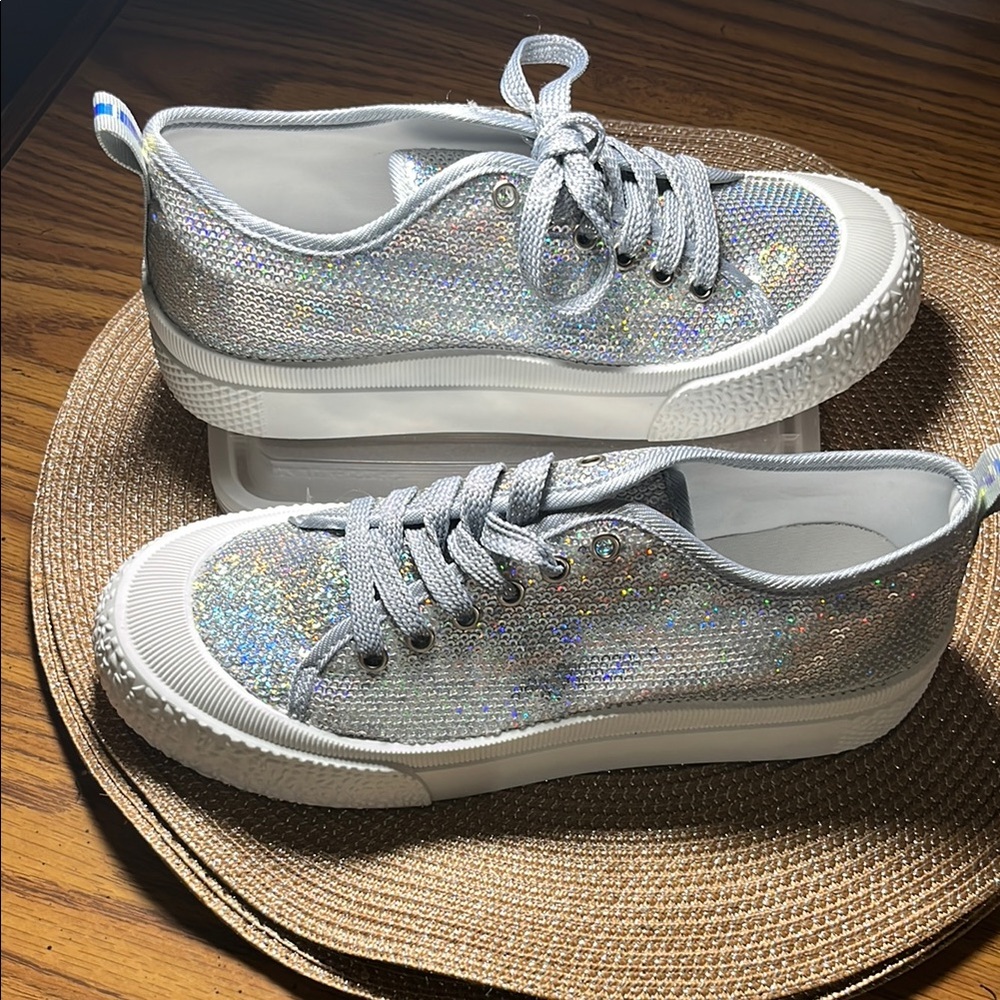 Silver Glitter Platform Sneakers with White Sole